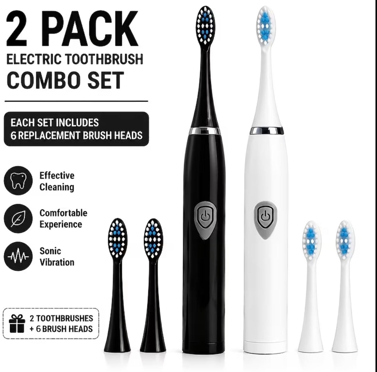 Pack Duo Brosses à Dents Électriques Soniques – 2 Brosses + 6 Têtes de Rechange