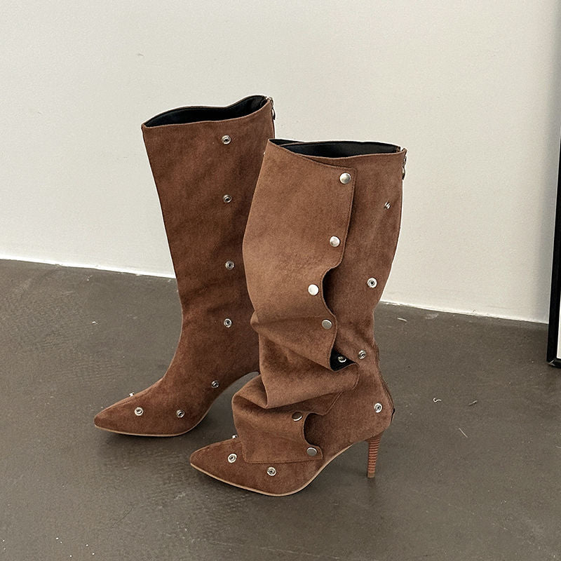 New Hot Girl Button Two-Wear Pointed Toe Pile Boots 2025 New Autumn and Winter Boots Stiletto Boots Fashion Boots