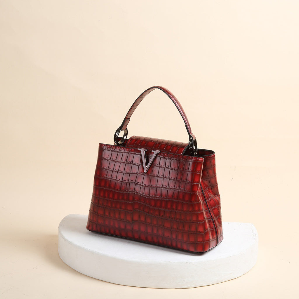 New Shiny Leather Stone Pattern Three-Dimensional Trendy Handbag Fashion Single Shoulder Crossbody Bag V-Shaped Factory Direct Sale