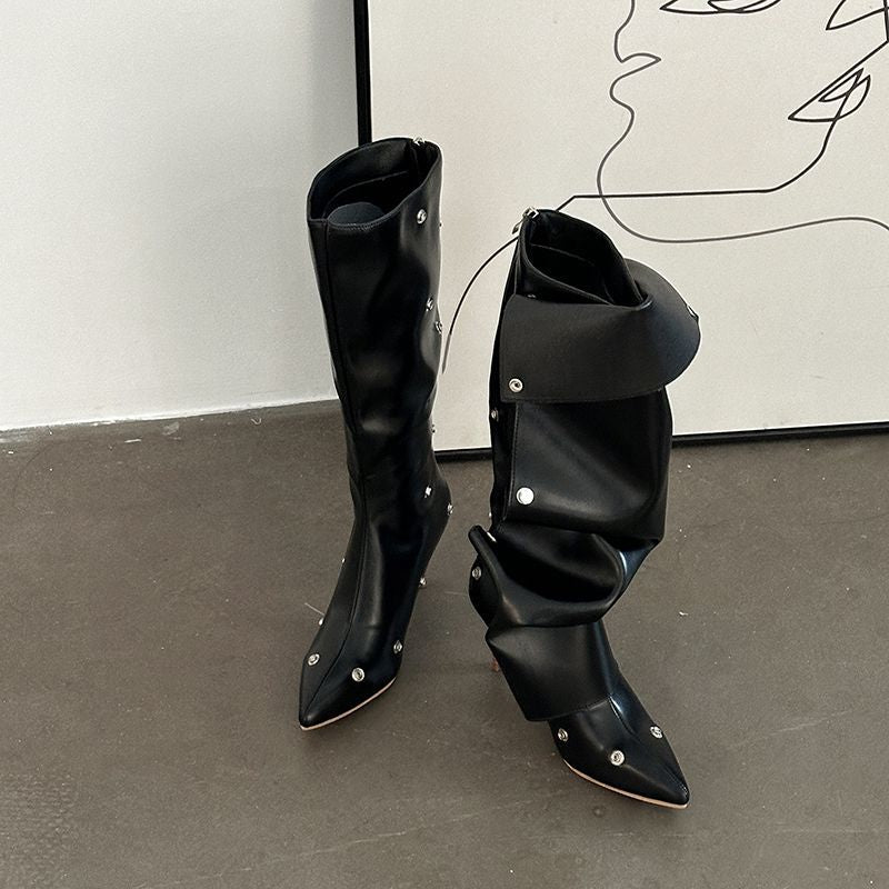 New Hot Girl Button Two-Wear Pointed Toe Pile Boots 2025 New Autumn and Winter Boots Stiletto Boots Fashion Boots