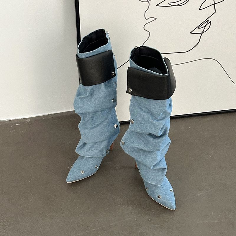 New Hot Girl Button Two-Wear Pointed Toe Pile Boots 2025 New Autumn and Winter Boots Stiletto Boots Fashion Boots