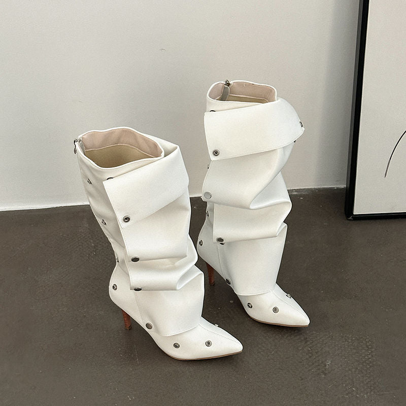 New Hot Girl Button Two-Wear Pointed Toe Pile Boots 2025 New Autumn and Winter Boots Stiletto Boots Fashion Boots
