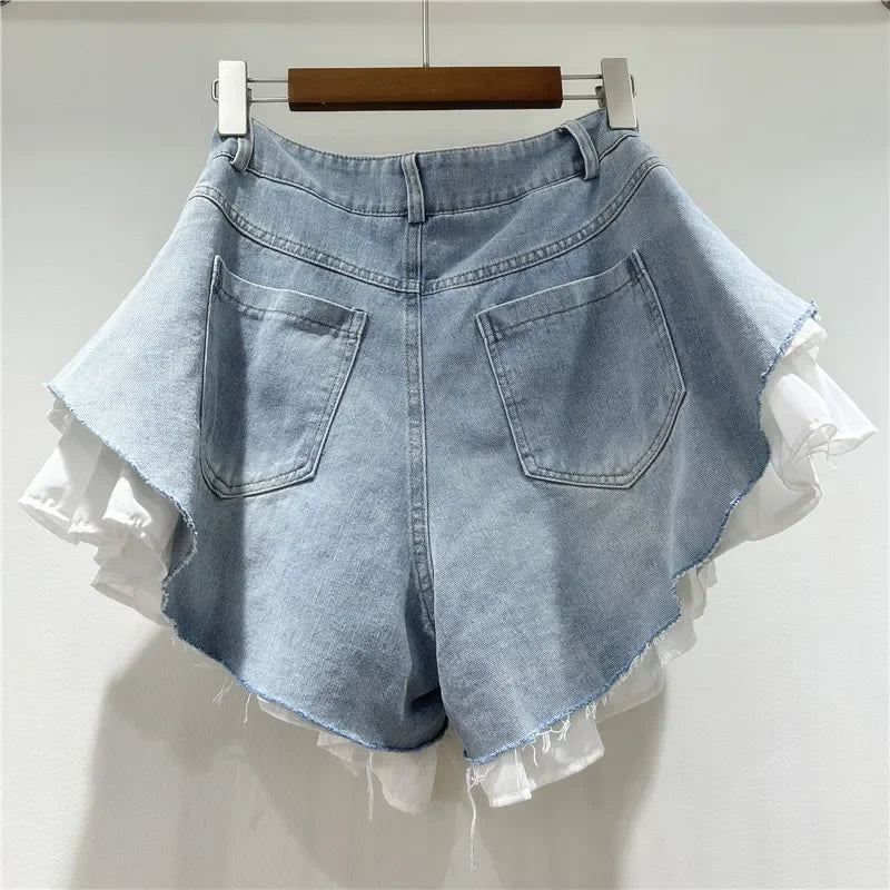 Shorts Denim Washed Women Jean Ripped Jeans Solid High Waist Spliced