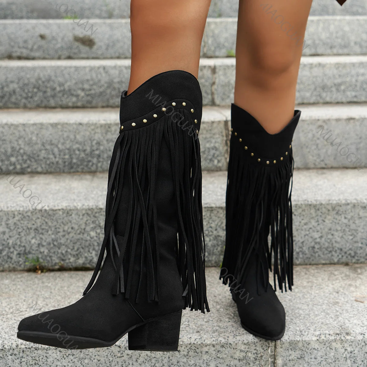 New Women's Vintage Fringe Boots Knee-High Chunky High Heel Pointed