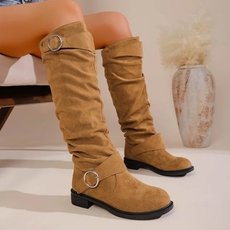 Vintage Western Style Knee High Boots, Comfortable Low Heel, Wrinkled