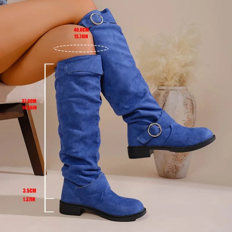Vintage Western Style Knee High Boots, Comfortable Low Heel, Wrinkled