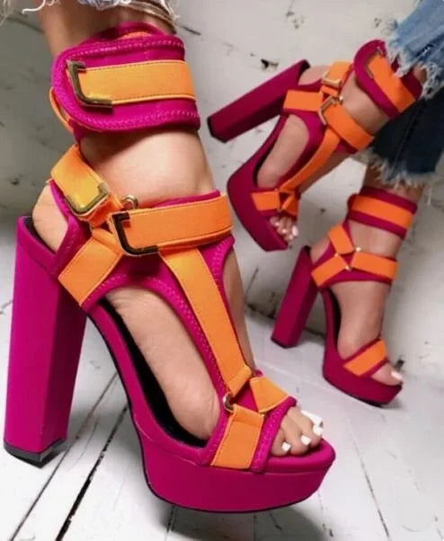 New Arrivals Red Black Stretch Fabric Women Sandals High Platform