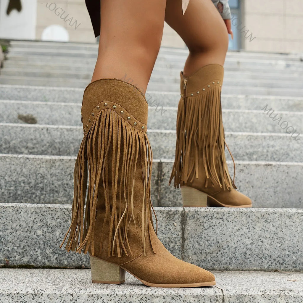 New Women's Vintage Fringe Boots Knee-High Chunky High Heel Pointed
