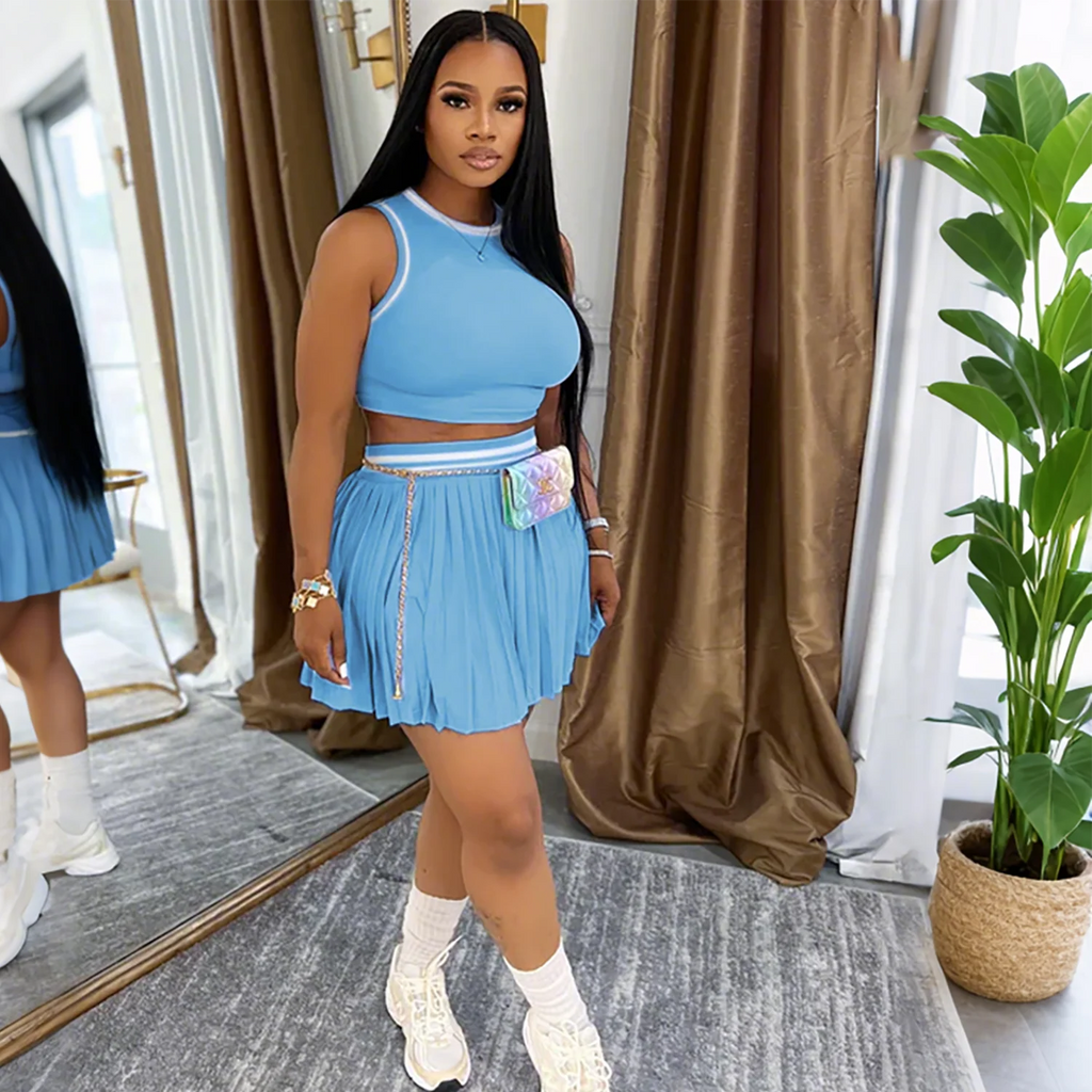 M3089 Women Solid Color Two Piece Set Sleeveless Crop Top & High Waist