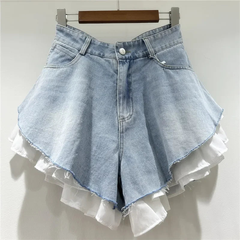 Shorts Denim Washed Women Jean Ripped Jeans Solid High Waist Spliced