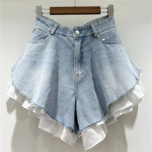 Shorts Denim Washed Women Jean Ripped Jeans Solid High Waist Spliced