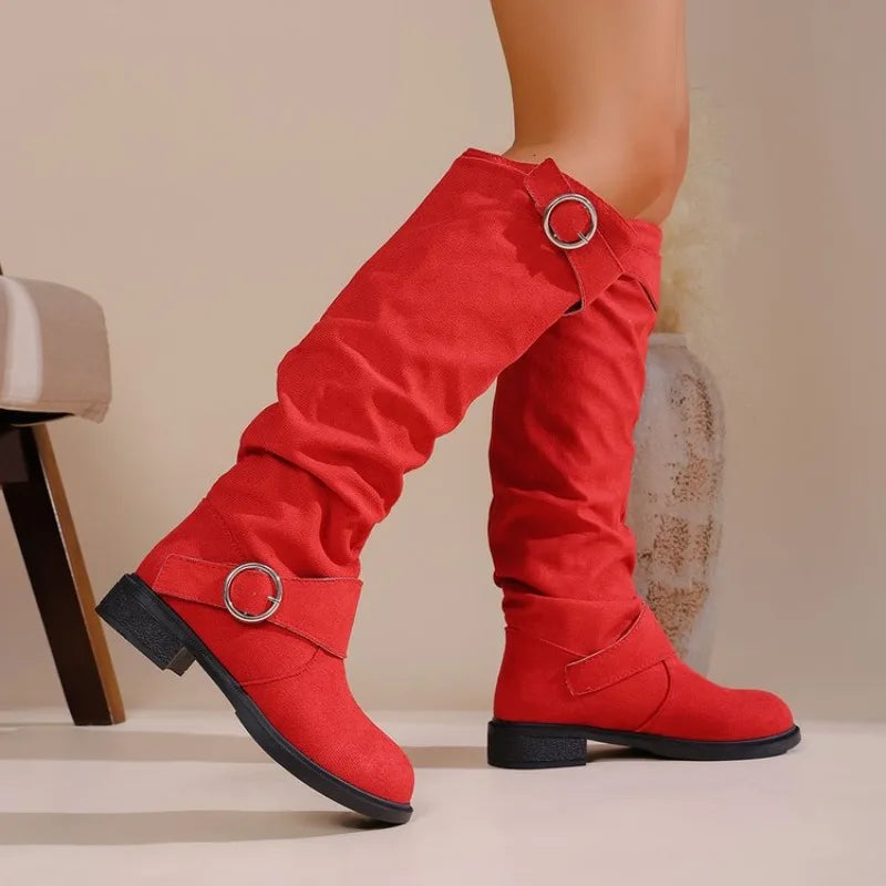 Vintage Western Style Knee High Boots, Comfortable Low Heel, Wrinkled