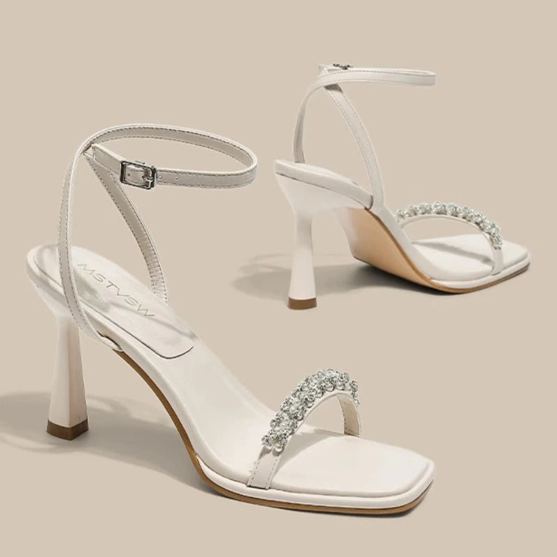 Elegant String Bead Ankle Strap High Heeled Sandals Women Luxury