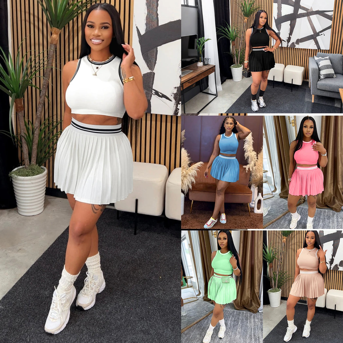 M3089 Women Solid Color Two Piece Set Sleeveless Crop Top & High Waist