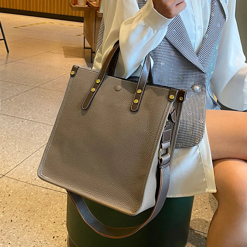 Genuine Leather Women's Bag 2024 New Large Capacity Women Shoulder Bags High Quality Cowhide Rectangle Female Handbags 9020