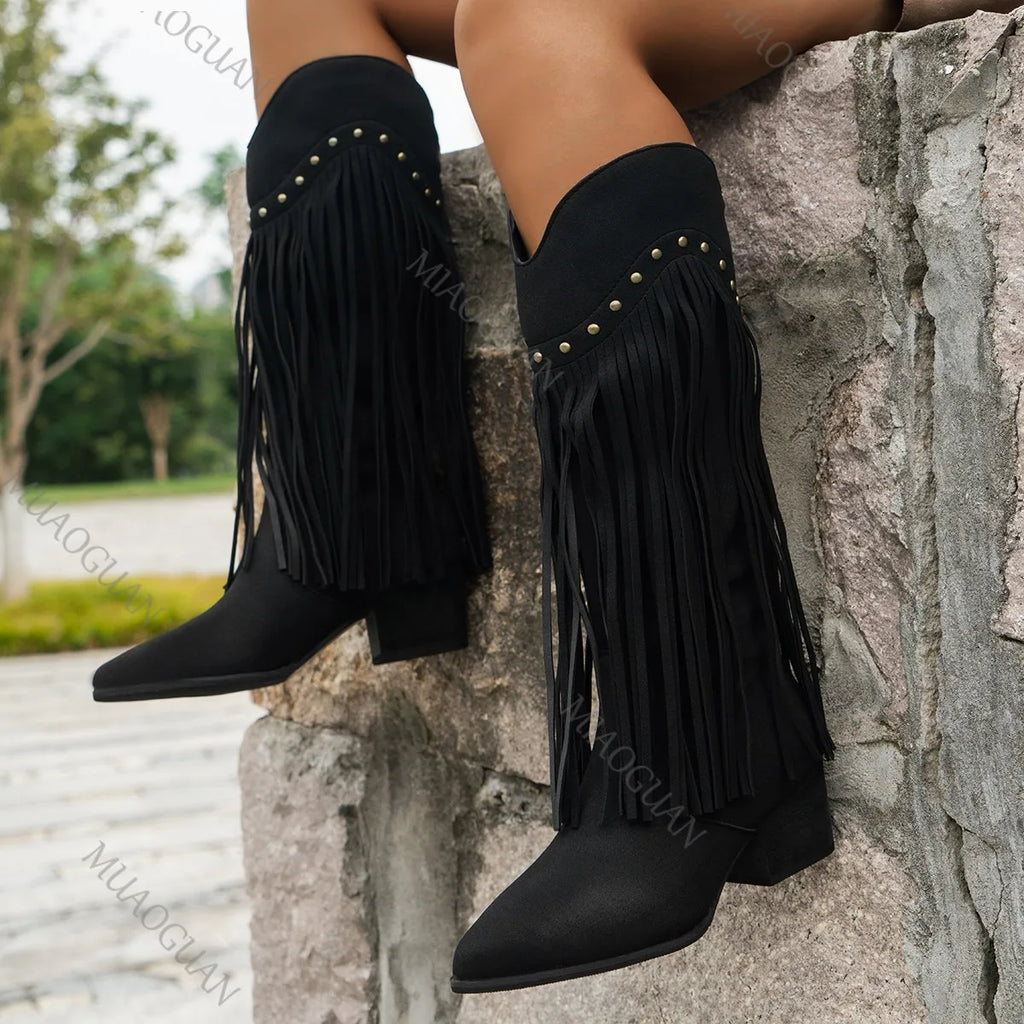 New Women's Vintage Fringe Boots Knee-High Chunky High Heel Pointed