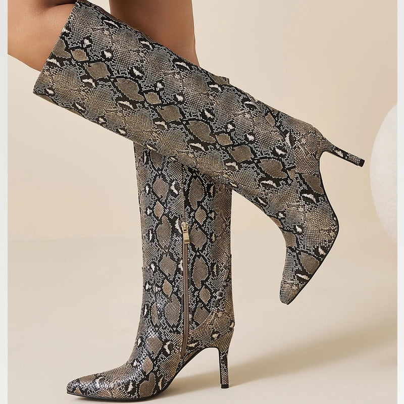 Eilyken Street Sexy Serpentine Thin Heels Knee High Boots Women