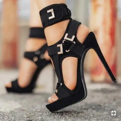 New Arrivals Red Black Stretch Fabric Women Sandals High Platform