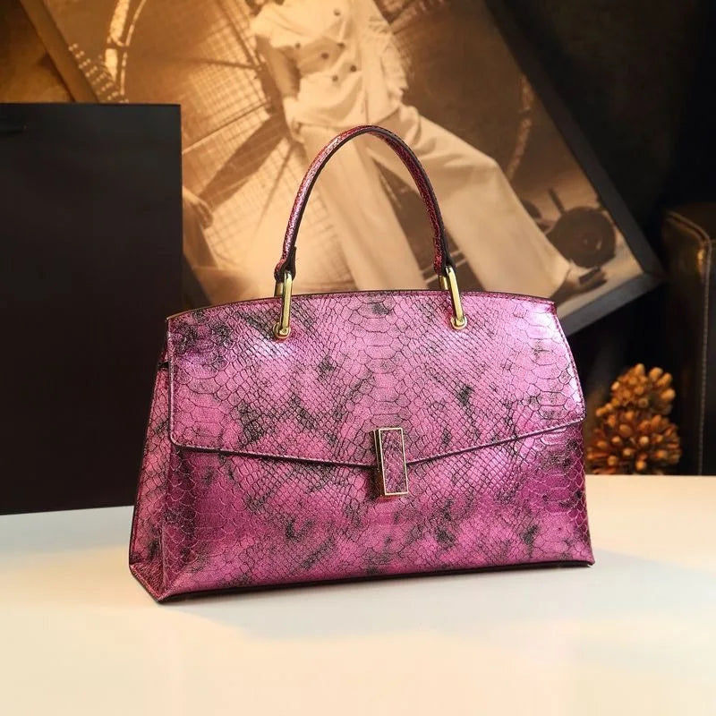 Real Leather Bright Face Snake Stitching Design Handbag Shoulder Bags for Women Sac À Main Femme