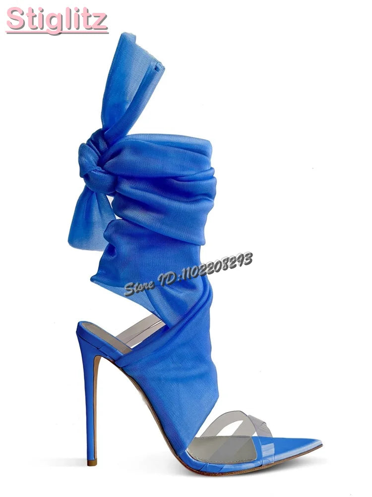 Sexy Riband Cross-tied Sandals Blue Open Toe Buckle Strap Stiletto