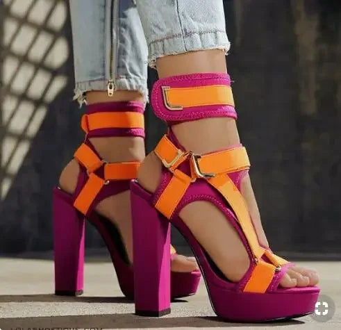 New Arrivals Red Black Stretch Fabric Women Sandals High Platform