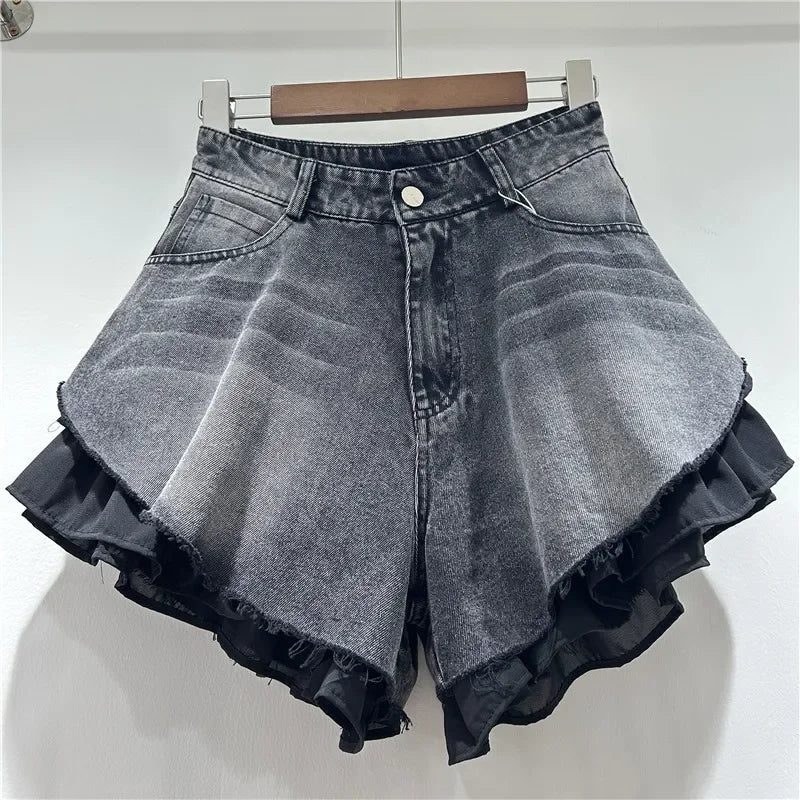 Shorts Denim Washed Women Jean Ripped Jeans Solid High Waist Spliced