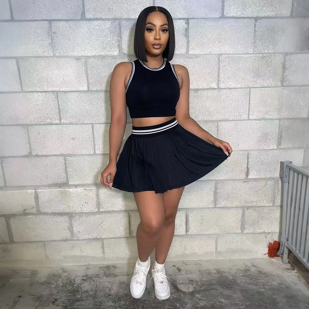 M3089 Women Solid Color Two Piece Set Sleeveless Crop Top & High Waist
