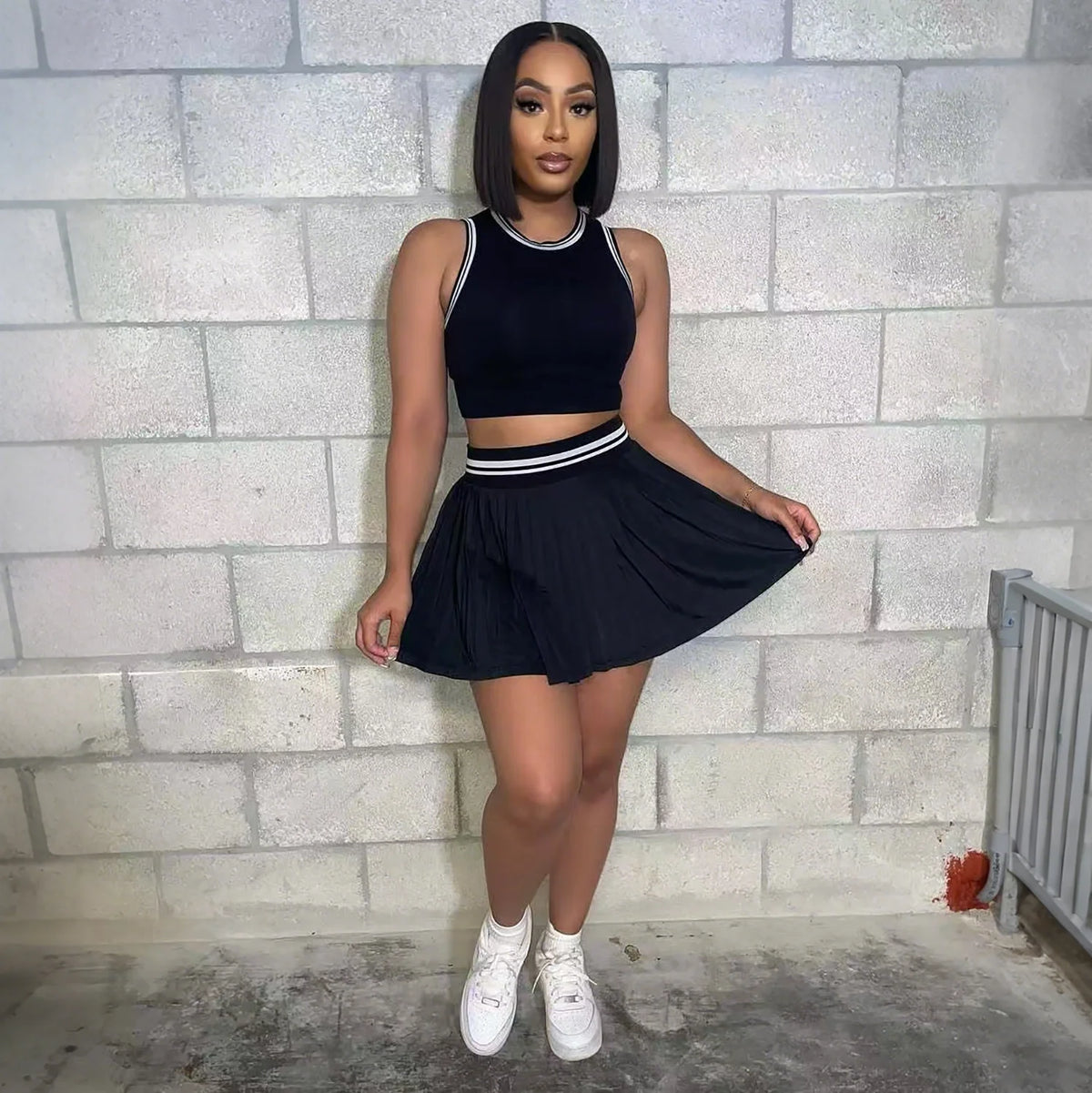 M3089 Women Solid Color Two Piece Set Sleeveless Crop Top & High Waist