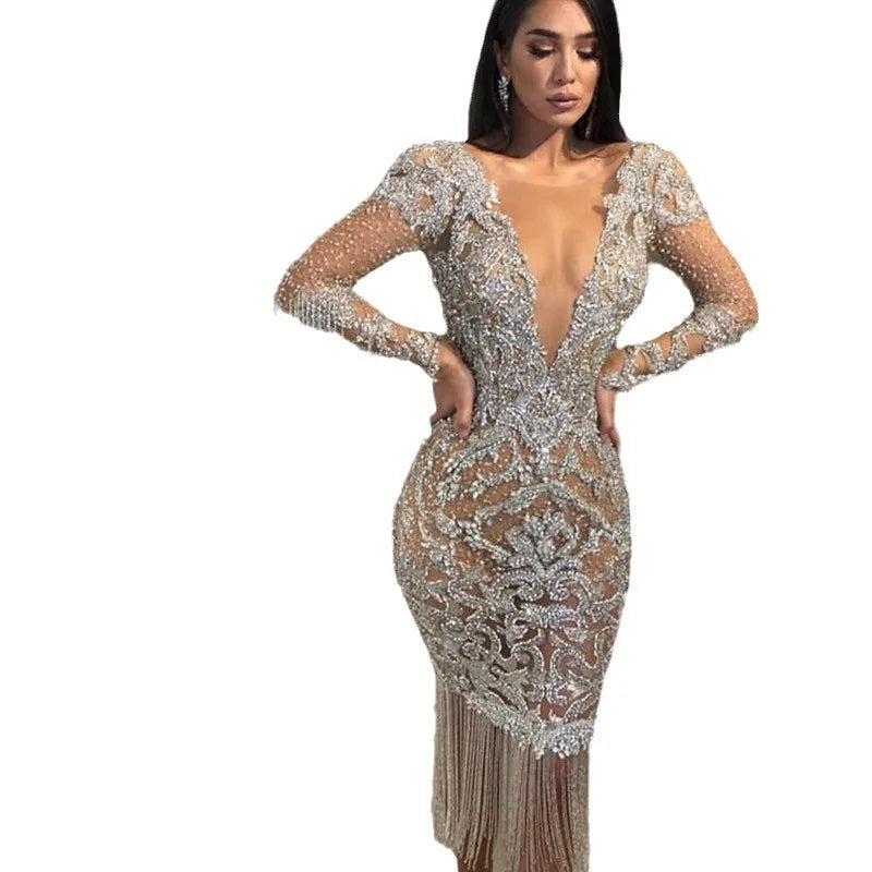 Women's Clothing, Deep V Hollow Long Sleeves Gold Sprinkling Dress Dress Dress