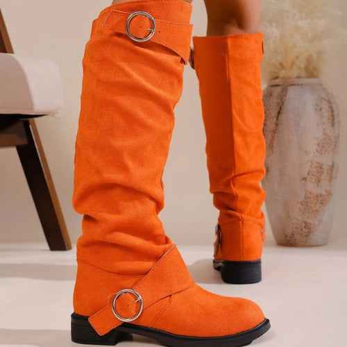 Vintage Western Style Knee High Boots, Comfortable Low Heel, Wrinkled