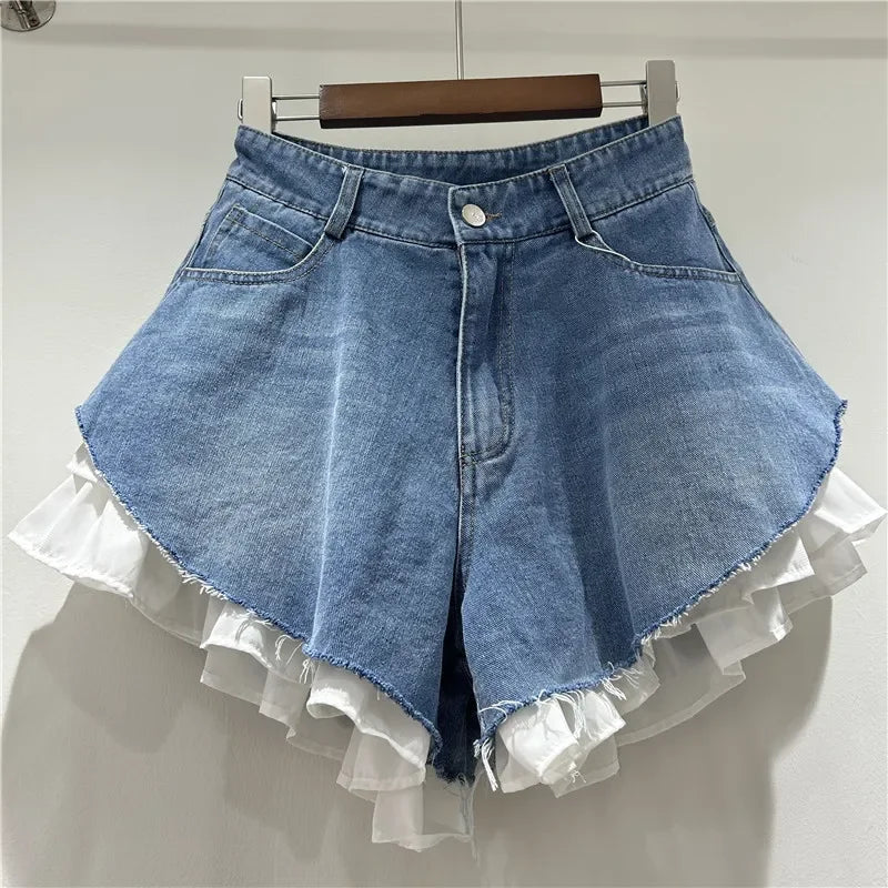 Shorts Denim Washed Women Jean Ripped Jeans Solid High Waist Spliced