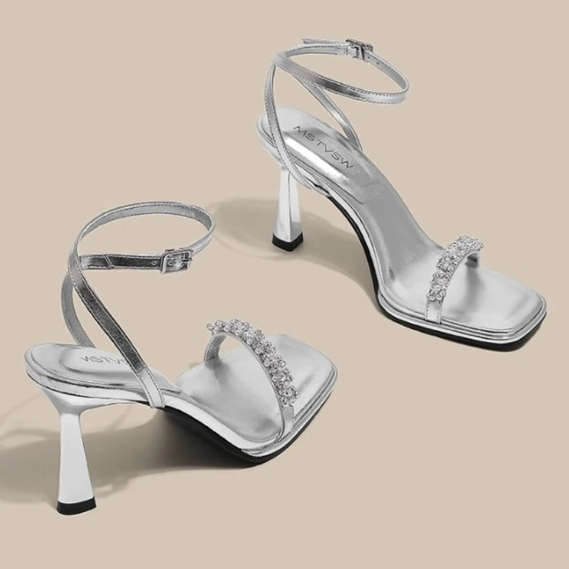 Elegant String Bead Ankle Strap High Heeled Sandals Women Luxury