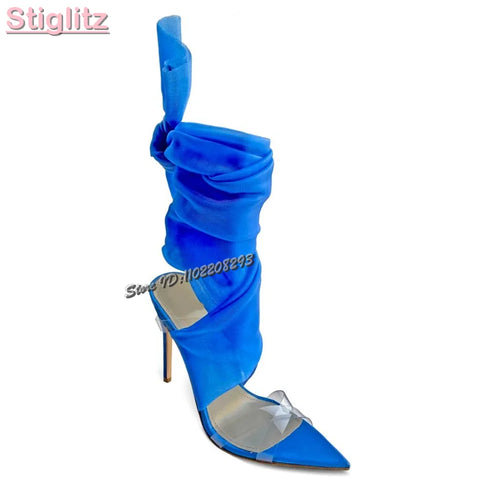 Sexy Riband Cross-tied Sandals Blue Open Toe Buckle Strap Stiletto