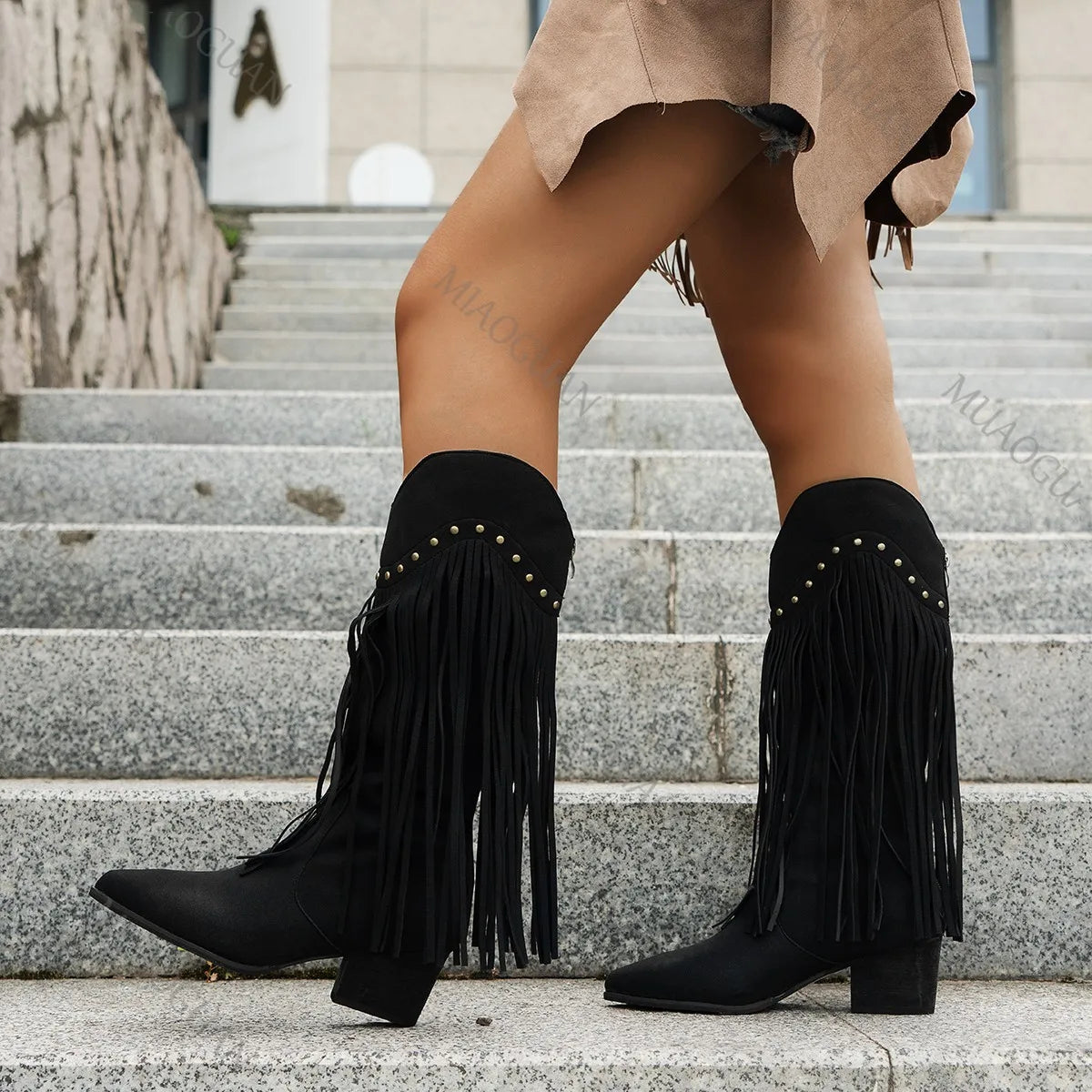 New Women's Vintage Fringe Boots Knee-High Chunky High Heel Pointed