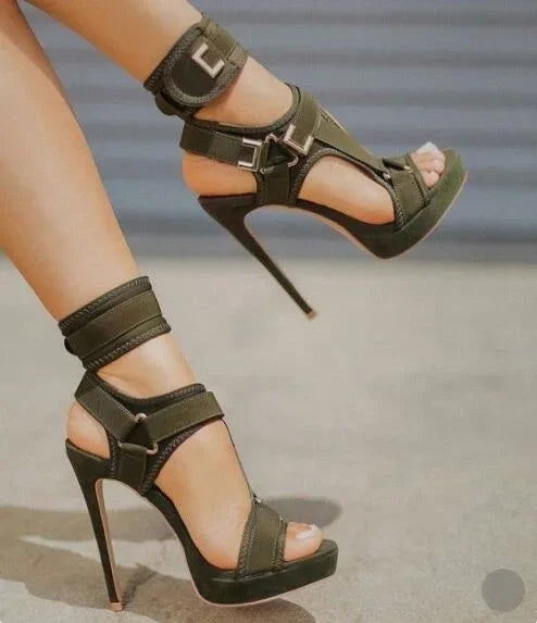 New Arrivals Red Black Stretch Fabric Women Sandals High Platform