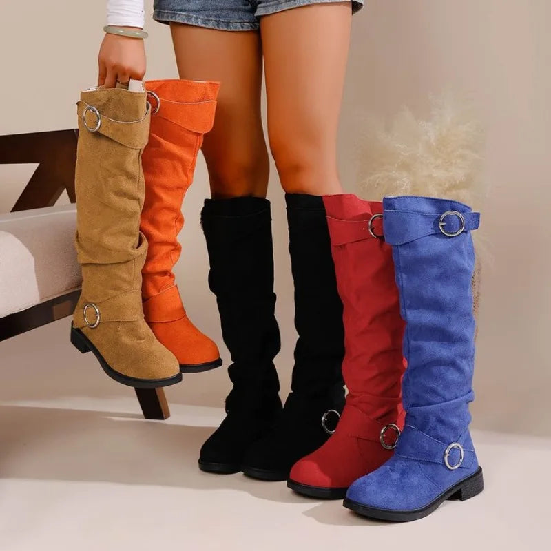 Vintage Western Style Knee High Boots, Comfortable Low Heel, Wrinkled