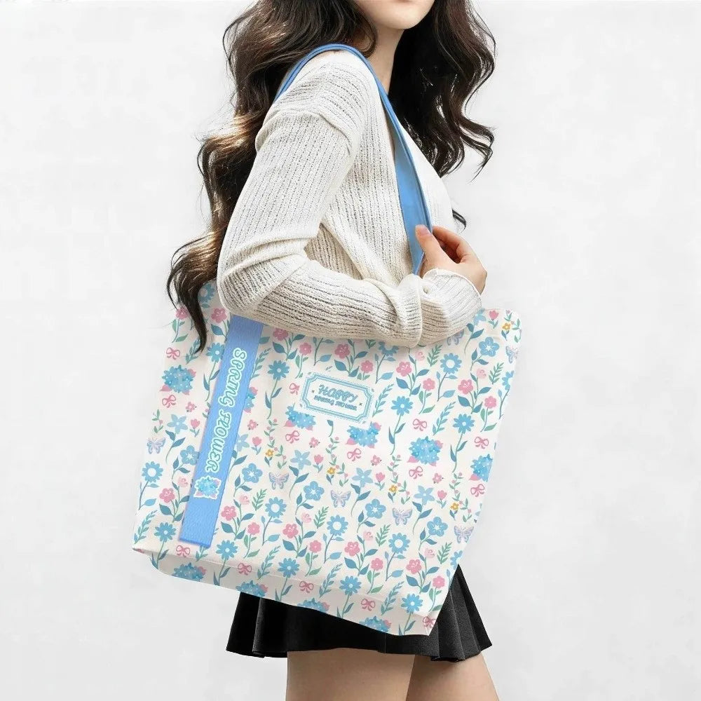 Portable Floral Canvas Tote Bag Large Capacity Reusable Commute Handbag Lightweight Shopping Bag For Work
