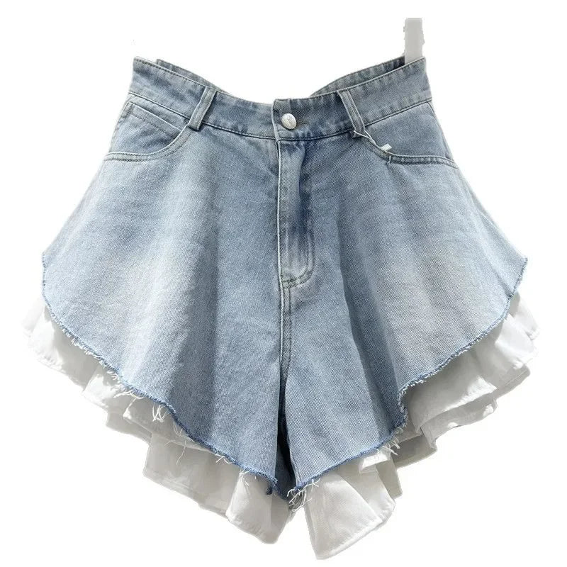 Shorts Denim Washed Women Jean Ripped Jeans Solid High Waist Spliced