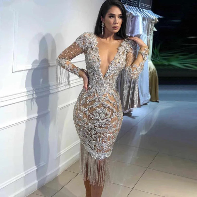 Women's Clothing, Deep V Hollow Long Sleeves Gold Sprinkling Dress Dress Dress