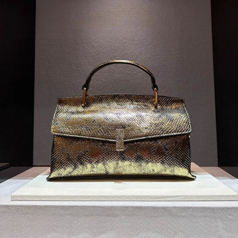 Real Leather Bright Face Snake Stitching Design Handbag Shoulder Bags for Women Sac À Main Femme